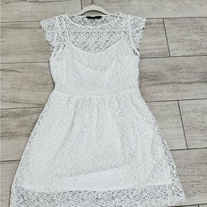 Zara White Floral Lace Crochet Dress with Short Cap Sleeves